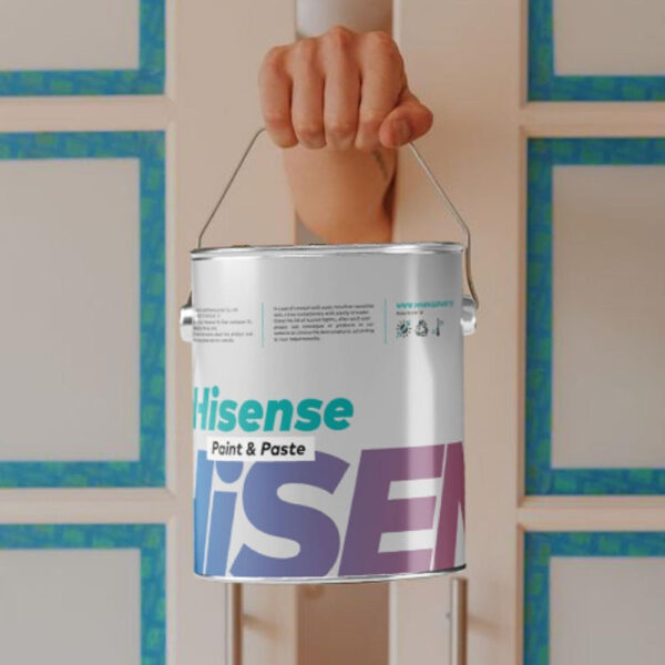 Hisense paint, semi-plastic economical white paint, a hand with a can of Hisense paint between door.